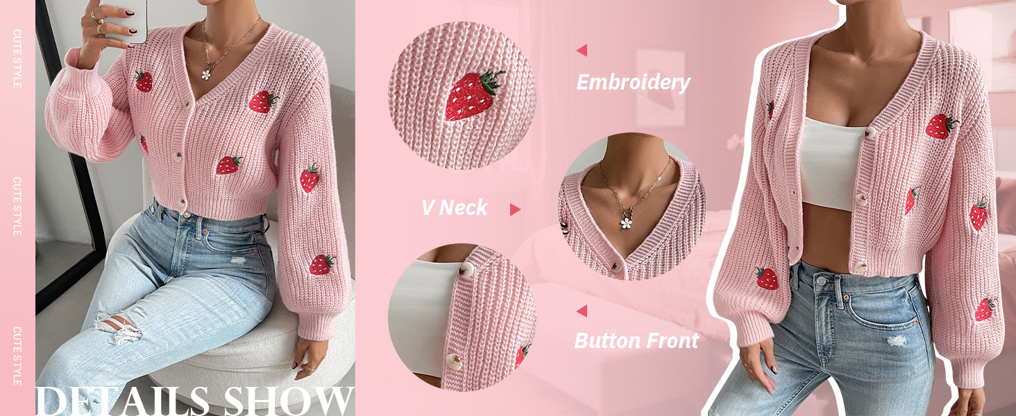  Women's Strawberry Embroidery Crop Cardigan Drop Shoulder Button Up Sweater Tops V Neck Outerwear