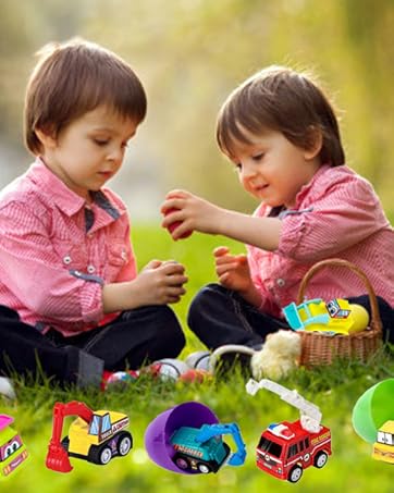 Easter Egg Fillers with Toys Inside - Prefilled Easter Eggs Filled Pull Back Engineering Vehicles