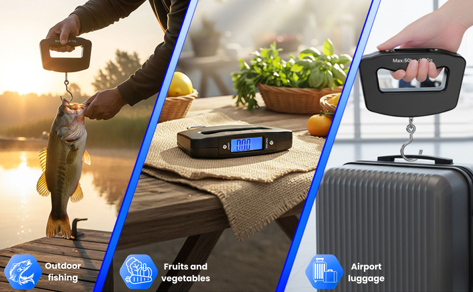 Compact handheld with strap shown beside carry-on; a hand scale to weigh luggage