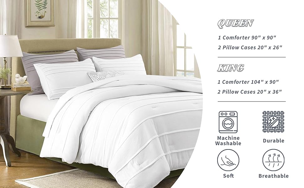 ALEISSEL Stripes White Comforter Queen Size,Pleated Queen