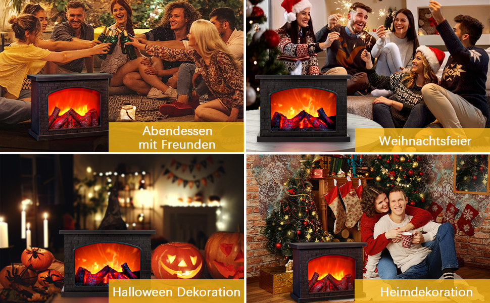 Imagen de cuatro paneles de una chimenea eléctrica en diferentes entornos: cena, celebración de Navidad, decoración de Halloween y acogedora escena hogareña
