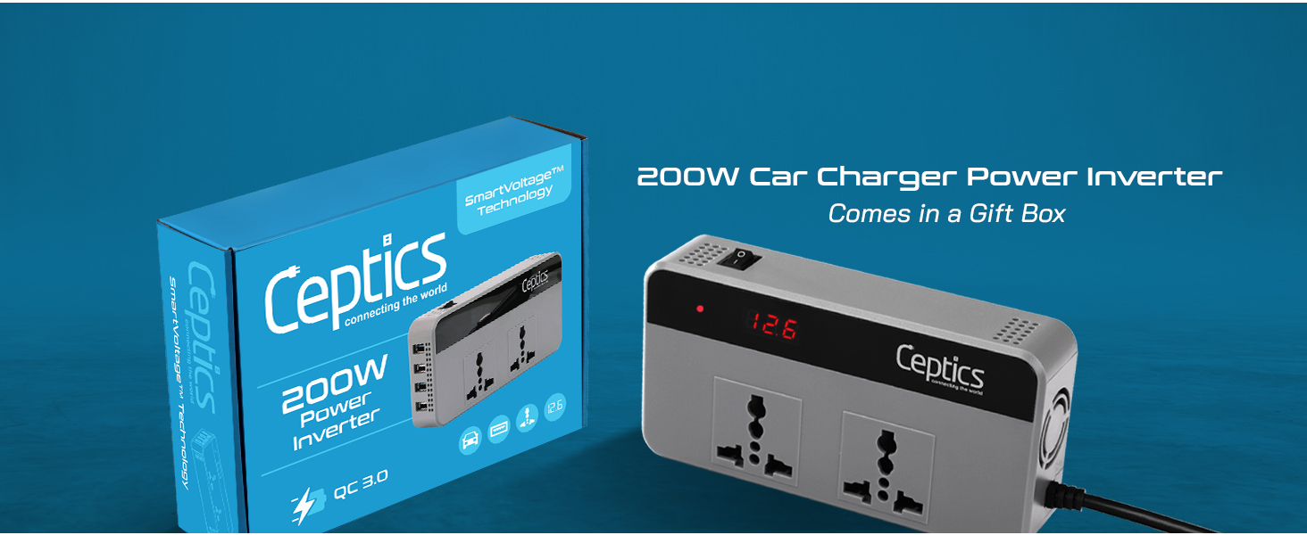 Ceptics 200W Car Laptop Charger/Power Inverter with Digital Display and