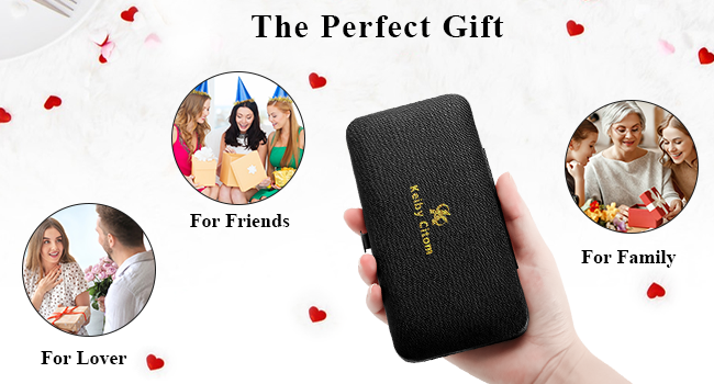 Black leather phone case with gold text held in hand. Circular images show people in gift-giving scenarios. Text reads 'The Perfect Gift' with 'For Friends', 'For Lover', and 'For Family' labels.
