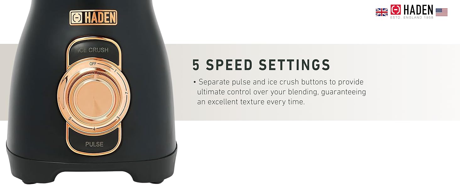 The control dials and buttons of a glass jar blender. Text reads: 5 Speed Settings.