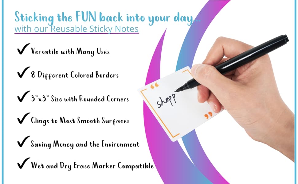 Reusable Sticky Notes 3x3 Work from Home Essentials Pack, Set of 8 Dry Erase Sticky