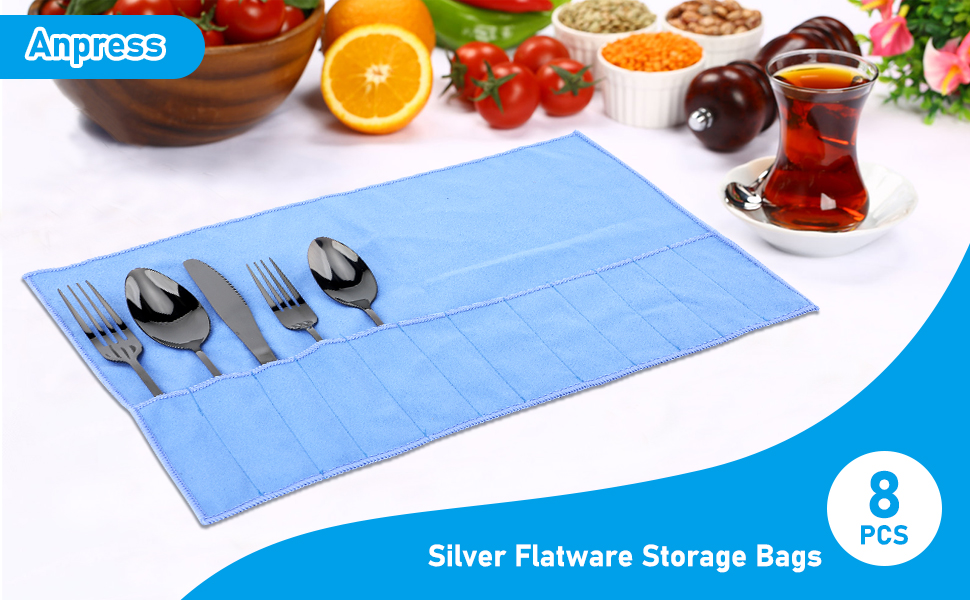 Anpress 8PCS Silver Flatware Storage Bags Anti Tarnish Flatware Storage