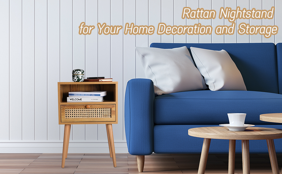 Rattan Nightstand Bedside Tables, Modern Wood Side Table Small End Table for Bedroom