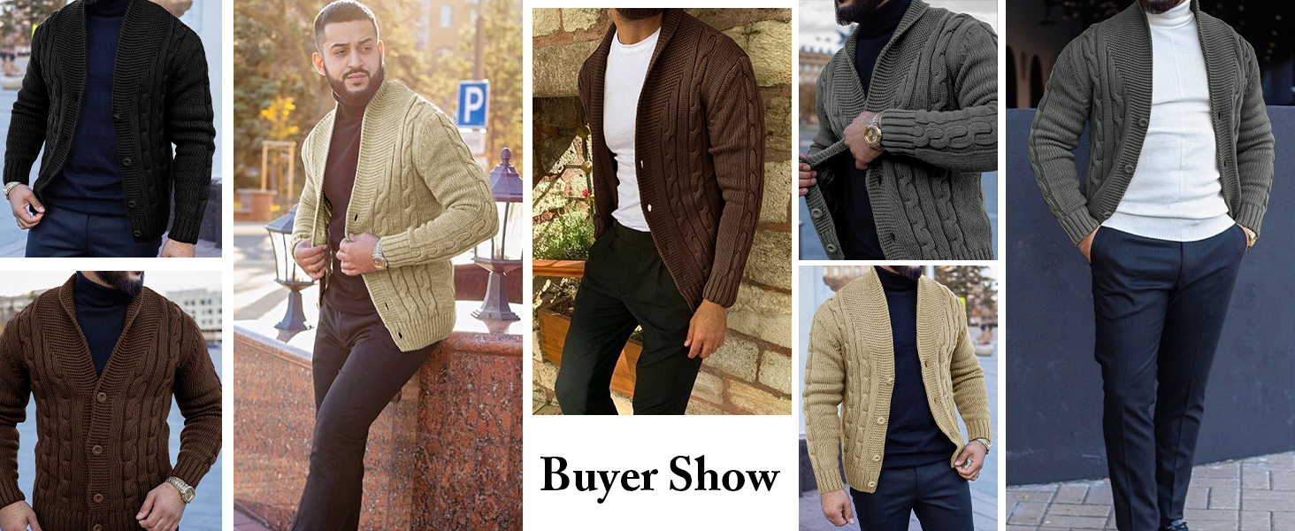 Mens Cardigan Shawl Collar Sweater Button up Slim Fit Cable Knit Long Sleeve Sweater