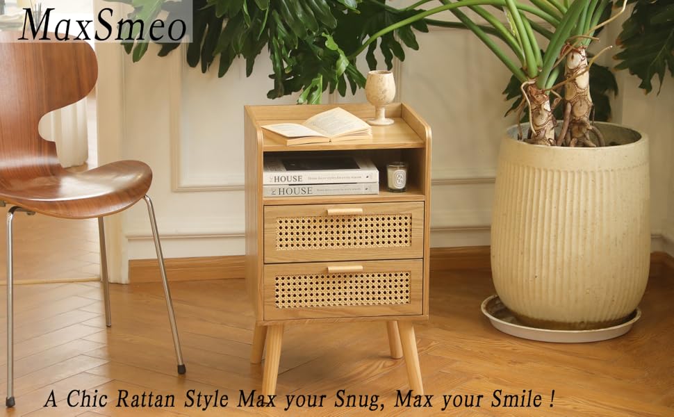 MaxSmeo Rattan Nightstand with 2 Drawers and Open Shelf