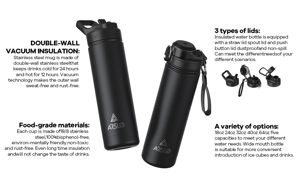 Arslo 40 OZ Water Bottles With Straw Lid, Stainless Steel