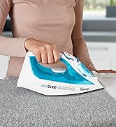Series of images showing a light blue steam iron being used on carpet or fabric surface.