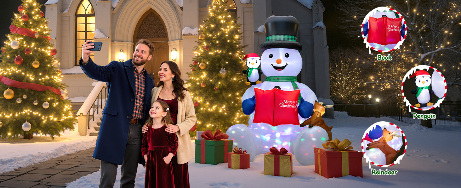 Series of outdoor winter scenes with illuminated holiday decorations including snowman figures against a dark evening background with Christmas lights.