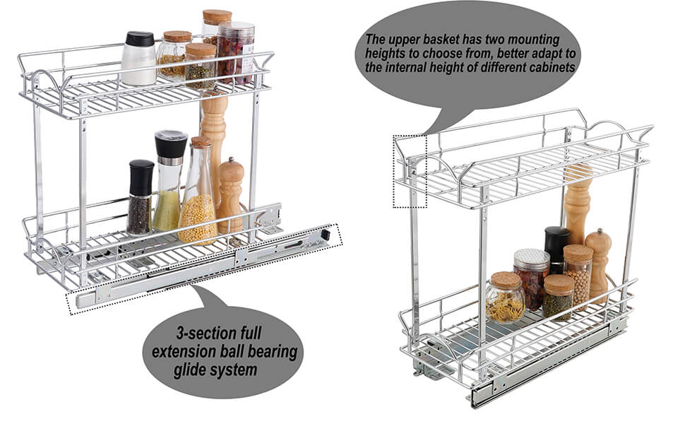 OCG Slide Out Organizer for Narrow (5" W X 17" D), 2 Tier Pull Out