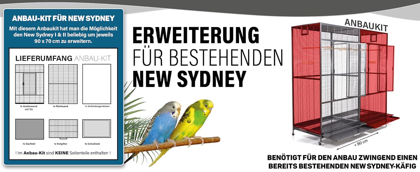 Produktdokumentation und Zubehör zur Käfigverlängerung für den Vogelkäfig „New Sydney“, mit technischen Zeichnungen und rotem