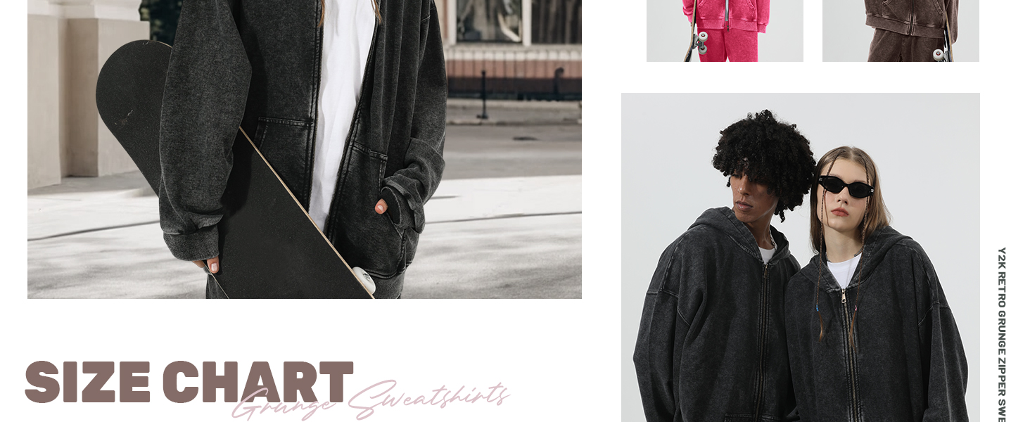 Baggy Acid Wash Jacket Y2k Retro Grunge Zipper Sweatshirts Loose Fit