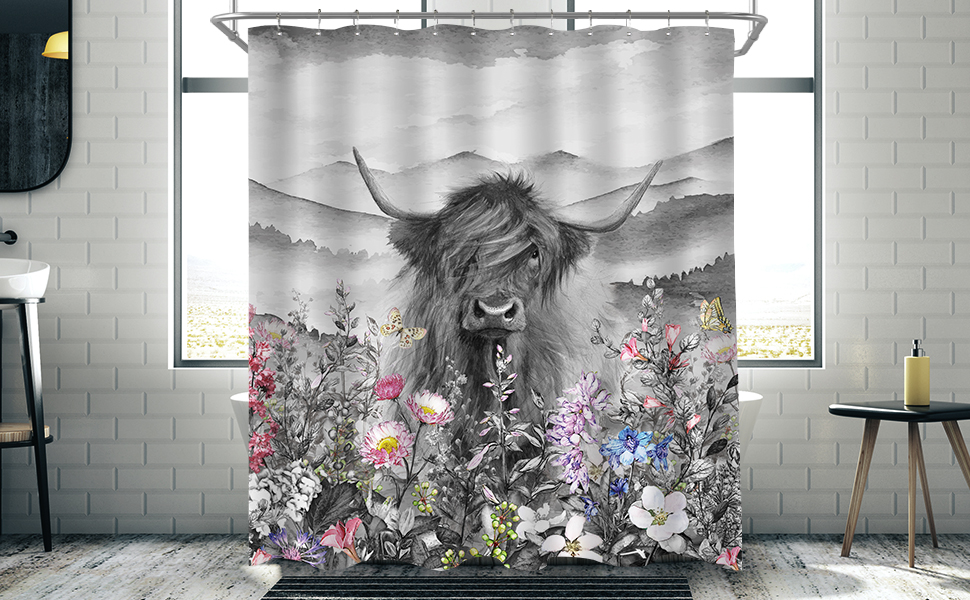 SVBright Highland Cow Bull Shower Curtain 60Wx72L Inch Farmhouse Floral Western