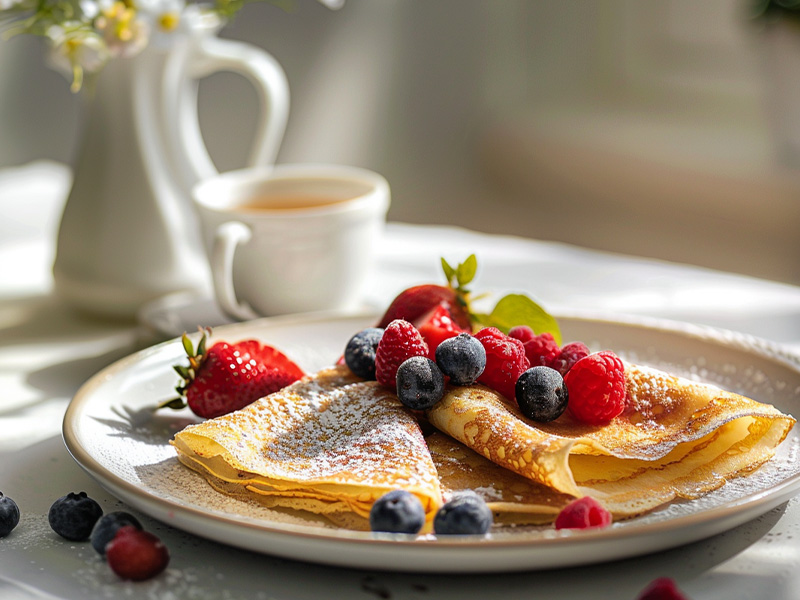 crepes on a white plate with tea in the background
