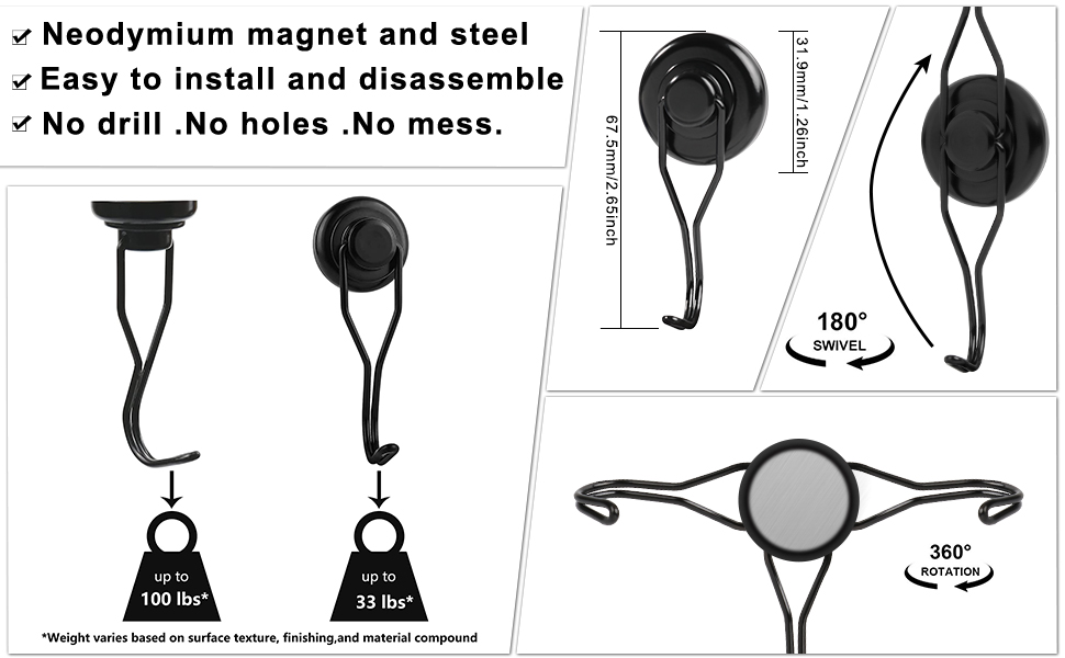 100LBS Swivel Swing Powerful Hooks(6Pack) Black