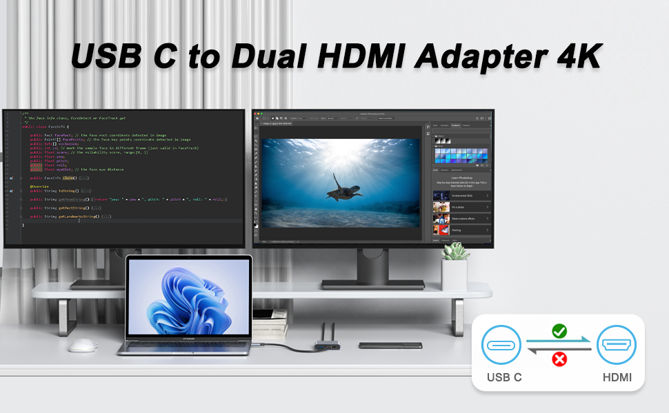 USB C to Dual HDMI Adapter,USB C Splitter 2 Monitors