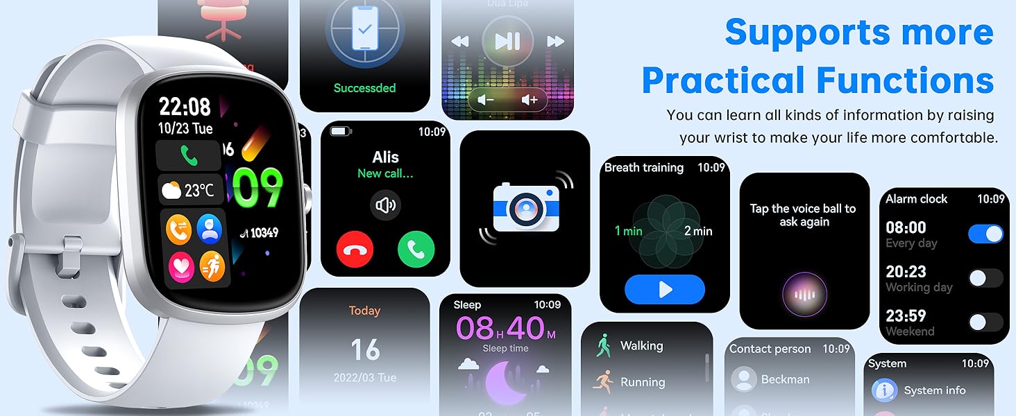 Smartwatch interface screenshots showing various functions including time display, fitness tracking, and app notifications on light background.