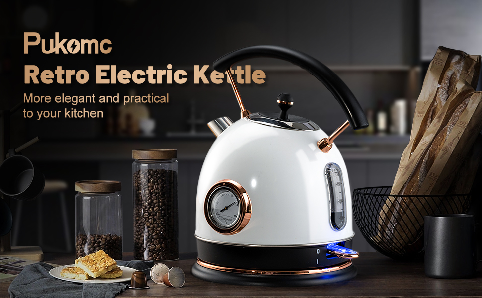 Pukomc Retro Electric Kettle Stainless Steel 1.8L Tea