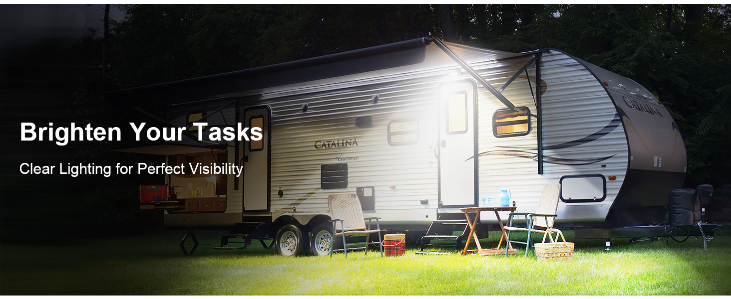 dual color RV LED porch light, white and amber light comparison, mood lighting