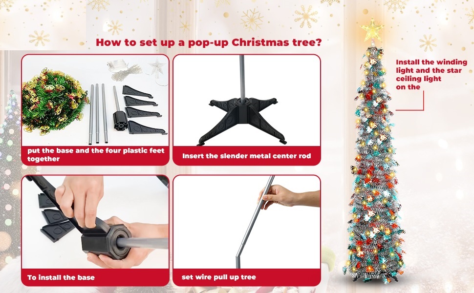 Pop Up Christmas Tree, 150cm/5ft Collapsible Artificial Tinsel Xmas ...