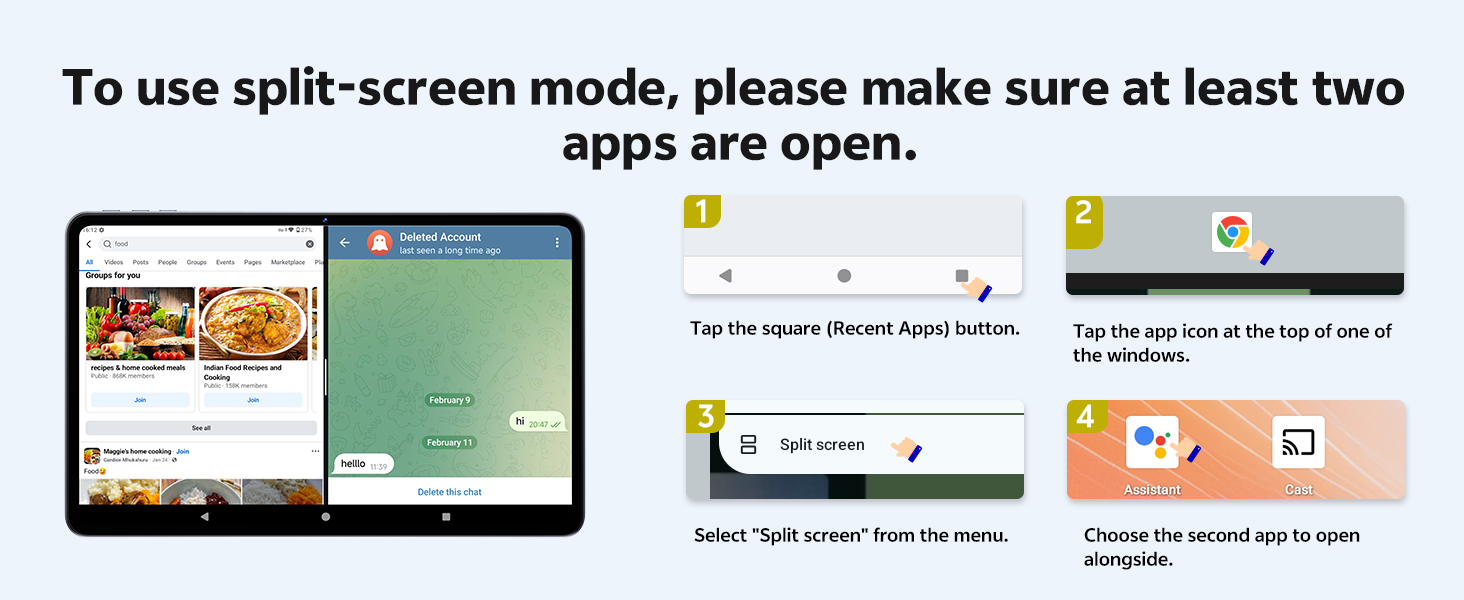 Text reads: 'To use split-screen mode, please make sure at least two apps are open.' Screenshot showing mobile device interface instructions.