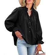 Tankaneo Womens Puff Long Sleeve Button Down Shirts Pleated V Neck Cotton Blouses Loose Fit Casua...