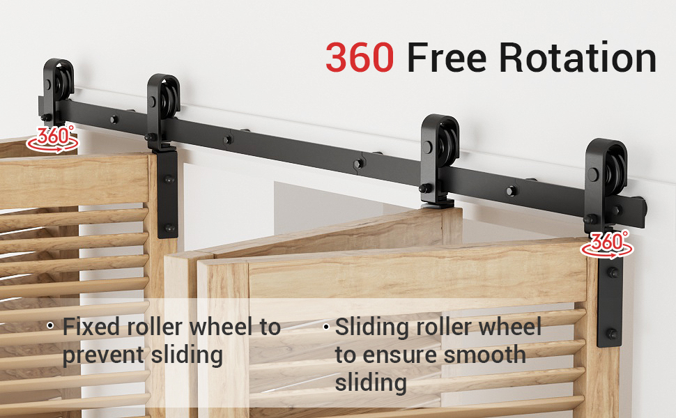 Beschläge für Scheunentore mit schwarzer Metallschiene und um 360 Grad drehbaren Rädern. Feste und gleitende Rollenräder sorgen für einen reibungslosen Betrieb und Stabilität