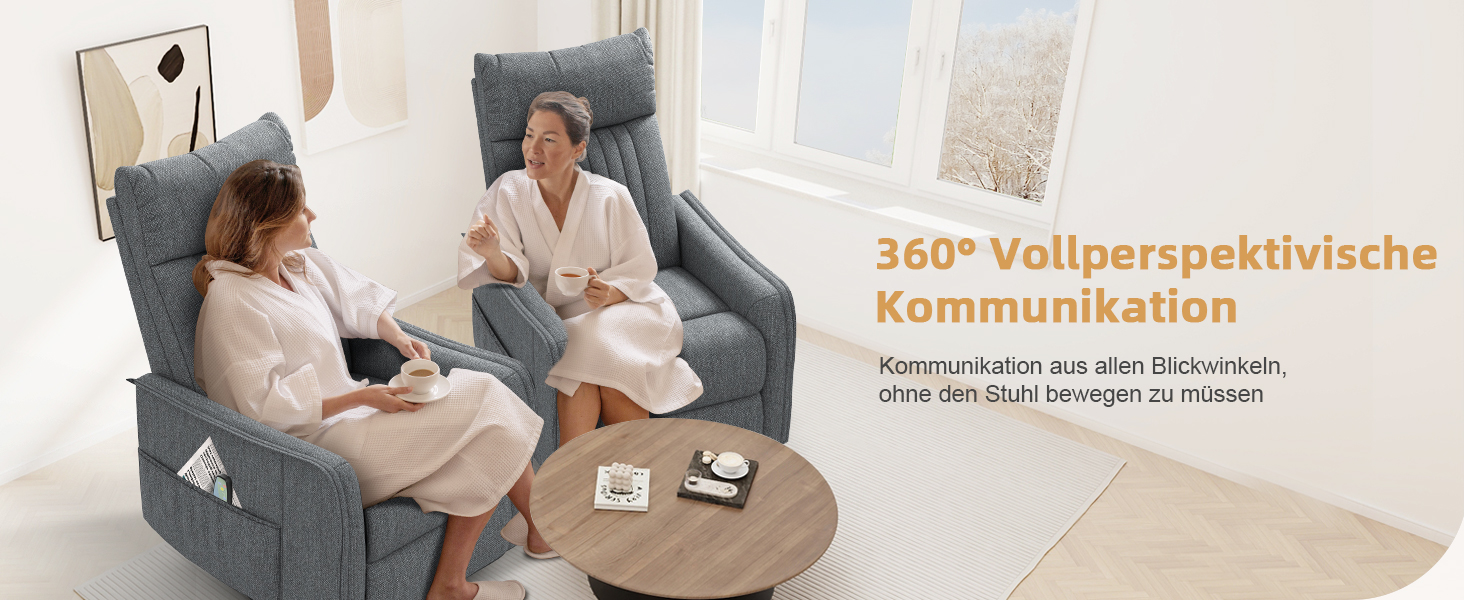 Zwei Liegesessel mit hoher Rückenlehne in einem hellen Raum. Runder Holztisch zwischen Stühlen. In der Texteinblendung wird „360° Vollperspektivische Kommunikation“ erwähnt