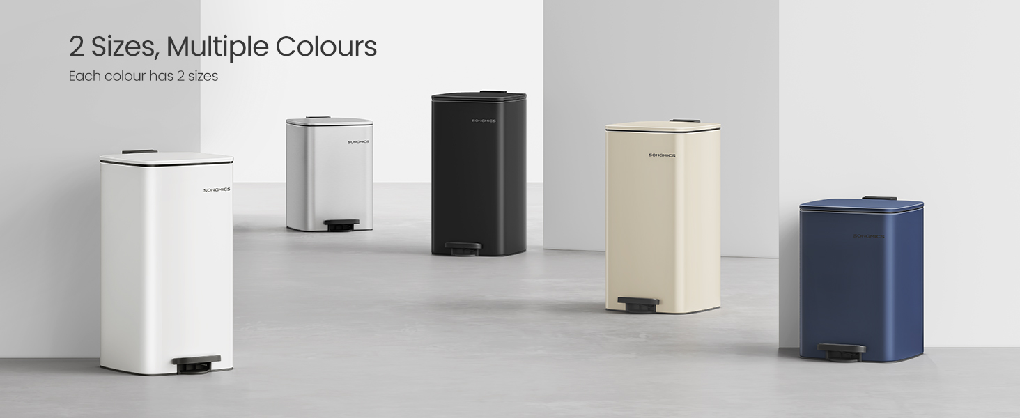 Collection of rectangular pedal waste bins in various colors including white, black, cream, and navy blue, shown against grey background. Text indicates two size options available.