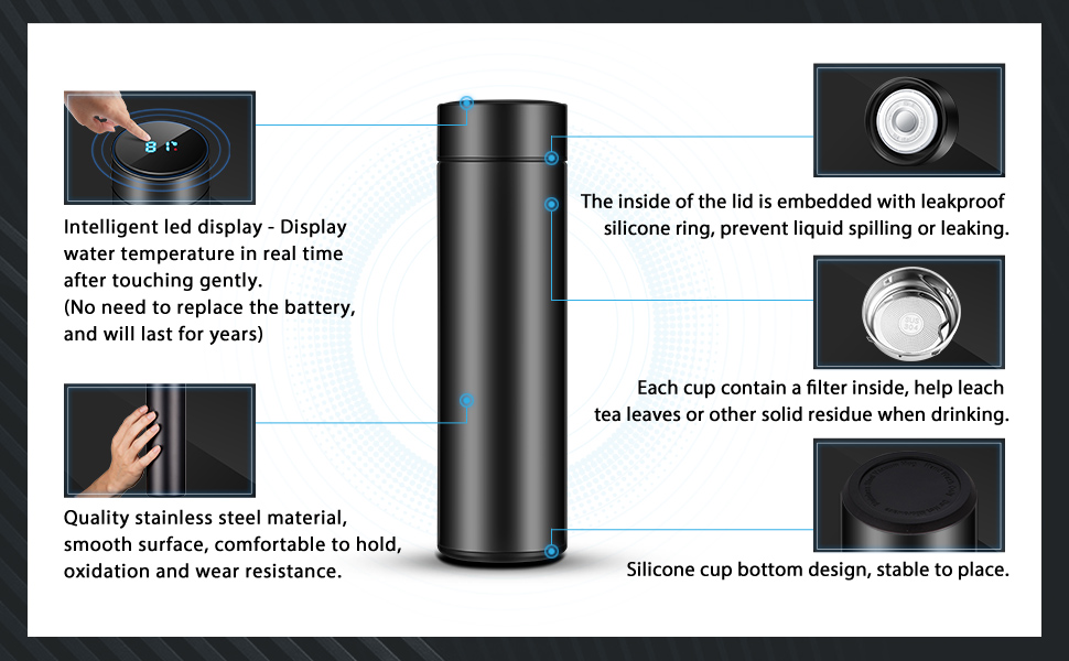 KASTWAVE Smart Water Bottle, Stainless Steel Vacuum Flask with Digital Temperature Display, Leak Proof Travel Mug Car Portable Travel Tea Coffee Vacuum Thermoses Cup for School, Office (Black, White) : Buy Online
