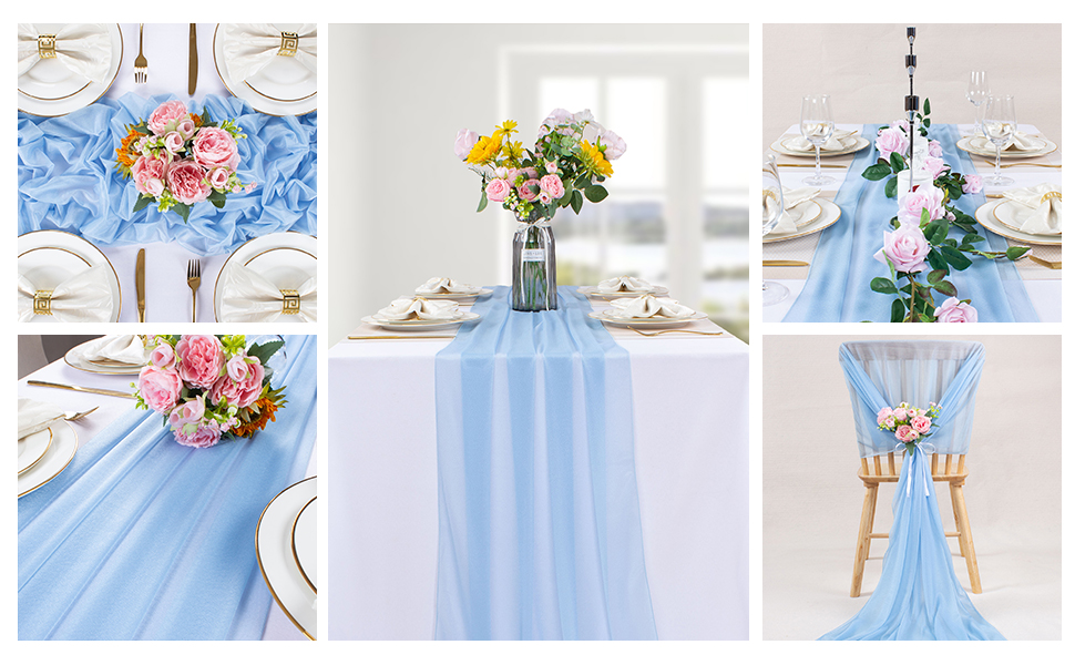 SAJOO 8PCS Sky Blue Chiffon Table Runners 30x120 Inches