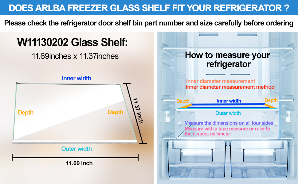 Upgraded W11130202 Freezer Glass Shelf 11.69"X11.37