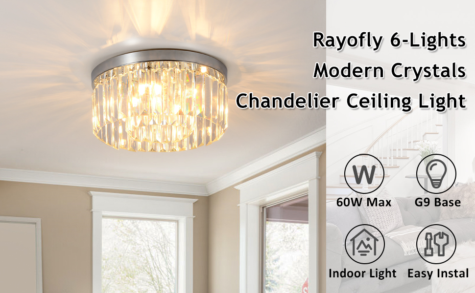 Modern Crystal Chandeliers Ceiling Light, Rayofly Chrome Flush Mount Ceilings Lighting