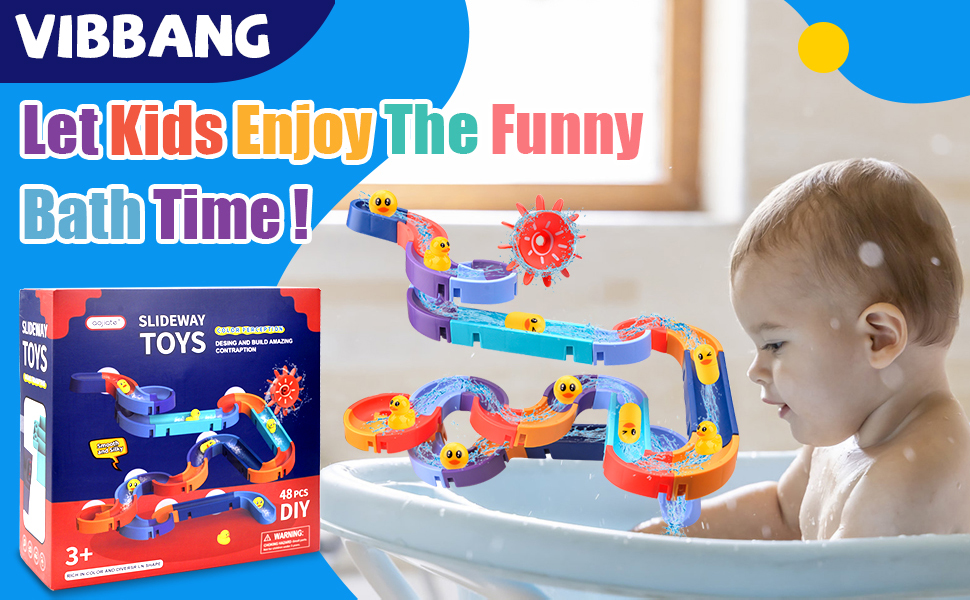 Vibbang Bath Toys for Toddlers, Baby Bath Toys Water Slide With Wind-Up Duck, Water Track Bathtub Toys, Interactive Ferris Wheel Bath Toys, Bath Duck Slide Toy, DIY Educational Watermill Toy (48 Pcs) 14 Bath Toys for Toddlers Baby Bath Toys Water Slide Water Track Bathtub Toys