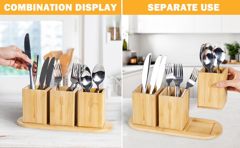 YUBAMIN 3 Pieces Natural Bamboo Silverware Holder Utensil