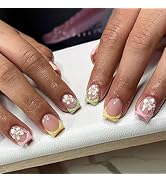 IMRAIN Colorful French Tip Press on Nails Short Square Fake Nails with White Flower Designs Gloss...