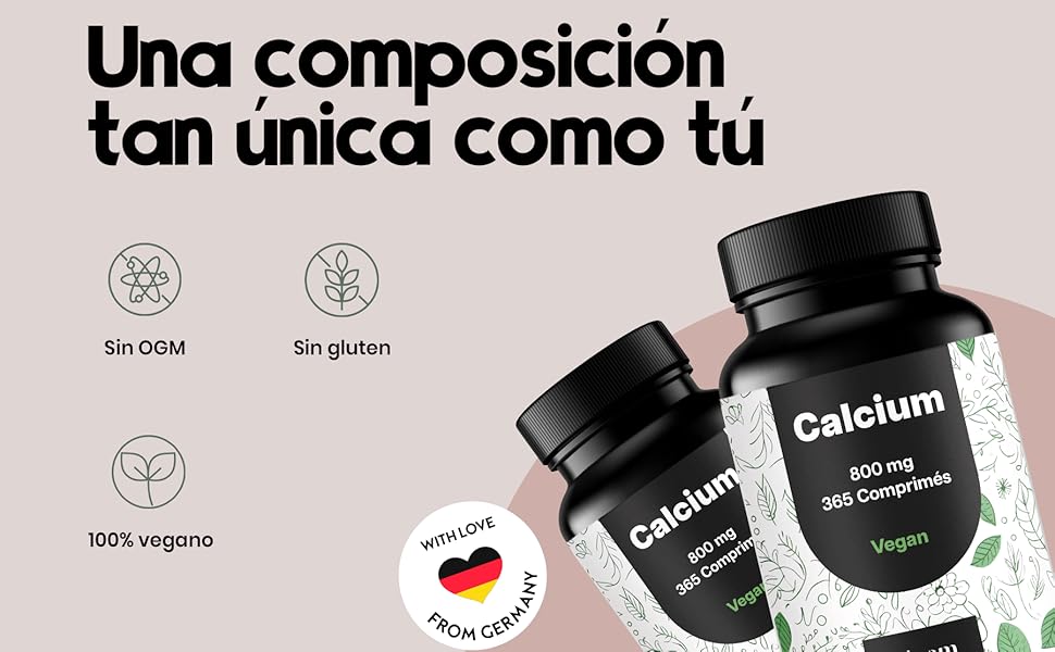Le texte se lit comme suit : « Una composición tan única como tú », « Calcium ». Image du produit montrant des flacons de suppléments noirs avec des icônes indiquant les caractéristiques du produit.