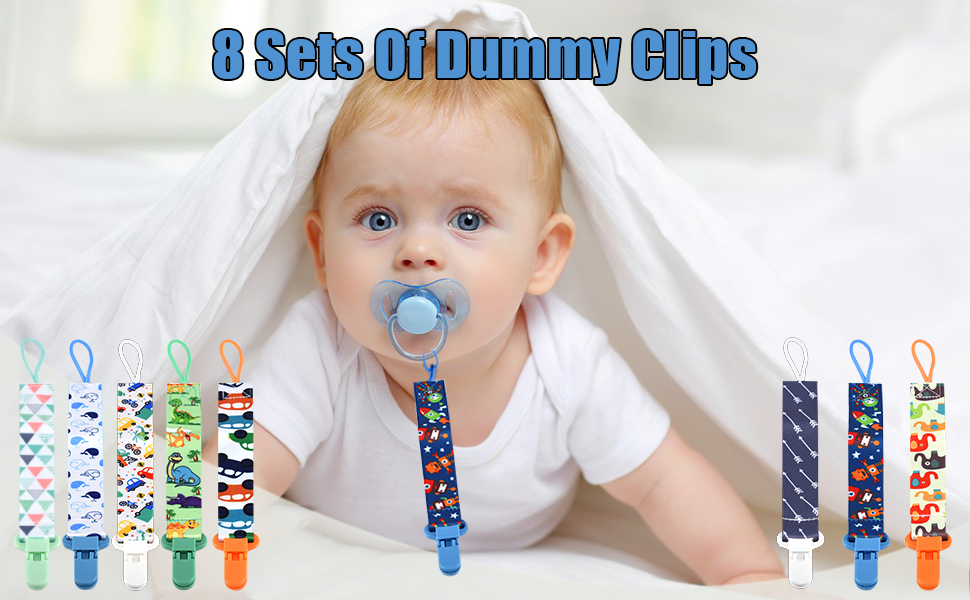 8 Pack Dummy Clip Boys, Pacifier Holders Leashes Set Soother Chains