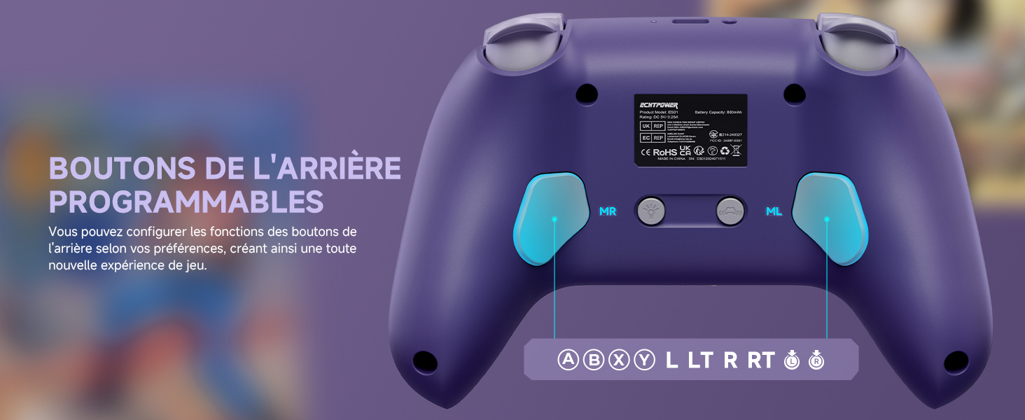 Vue arrière d'une manette de jeu violette présentant des boutons arrière programmables et un écran d'affichage numérique avec des boutons décoratifs turquoises.