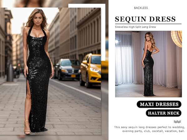 Amazon.com: Sequin Dress Halter Neck Sleeveless High Split