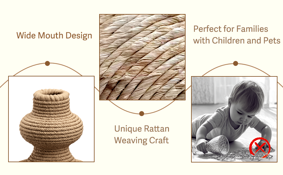 A woven vase with a wide - mouth design, unique rattan weaving, eliminates glass - breakage risks