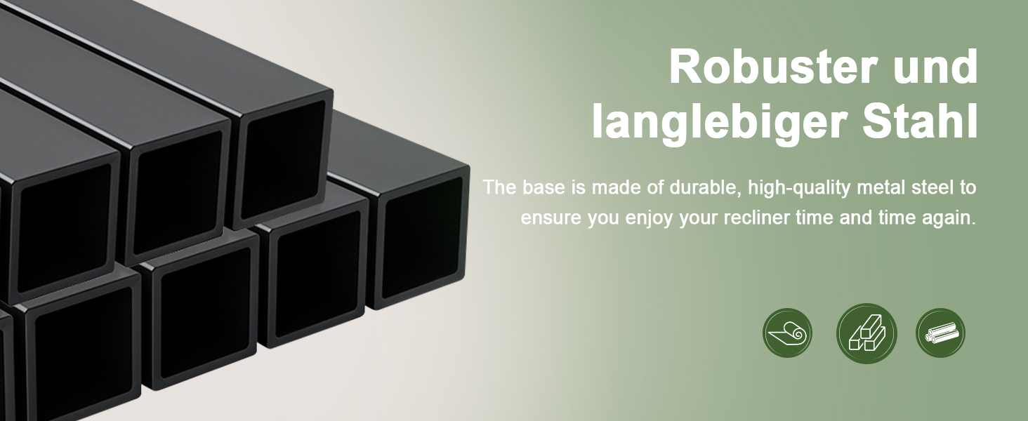 Vierkantrohre aus schwarzem Stahl, die in einer Pyramidenformation gestapelt sind. Der Text hebt die Haltbarkeit und Langlebigkeit des Stahlmaterials hervor. Darunter befinden sich drei kreisförmige Symbole