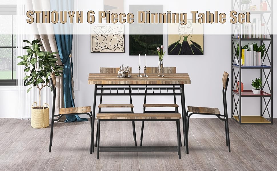 STHOUYN 6 Piece Dining Table Set, Kitchen Table and Chairs