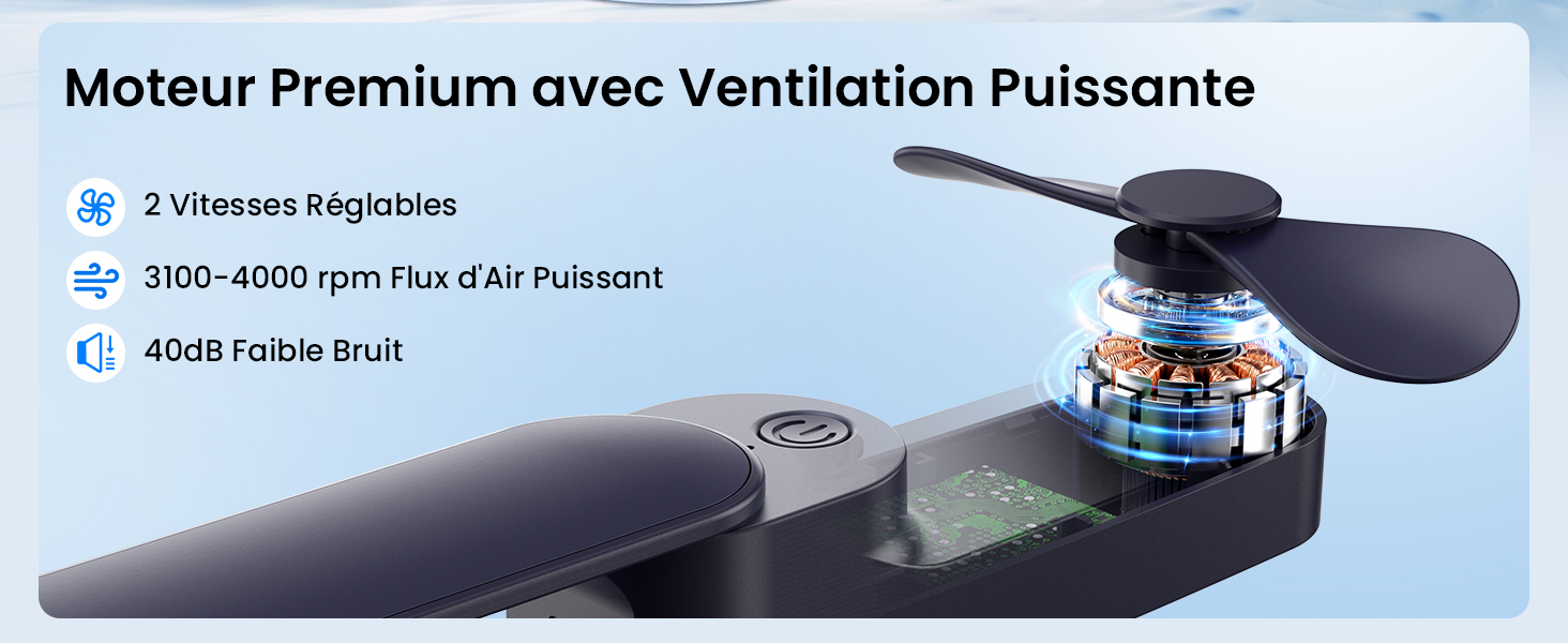Système de ventilateur de refroidissement noir présenté dans plusieurs vues, avec une capacité de débit d'air de 3100-4000 tr/min et un niveau sonore de 40 dB, avec des spécifications techniques détaillées affichées.