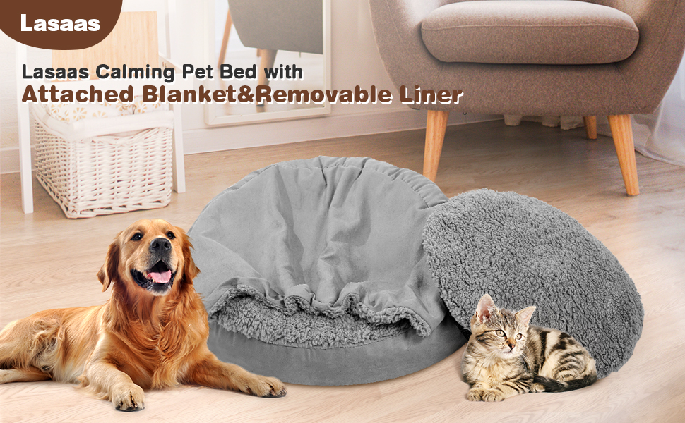 Lasaas Small Dog Bed with Blanket Attached Round Donut