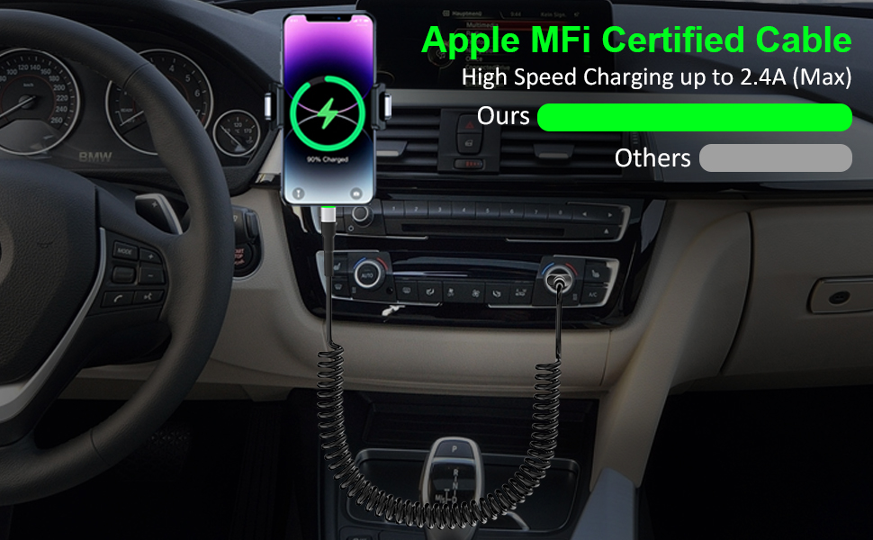 Coiled iPhone Lightning Cable for Apple Carplay, MFi Certified Coiled USB to Lightning Cable