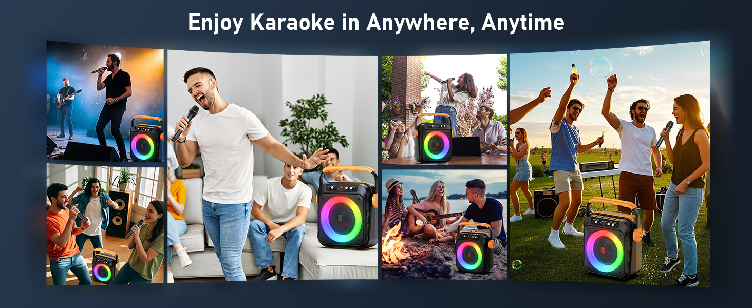 Le texte indique « Profitez du karaoké n'importe où, n'importe quand ». Collage de personnes utilisant l'application karaoké dans divers environnements - à l'extérieur, à la maison et lors de réunions sociales, avec une interface circulaire superposée.